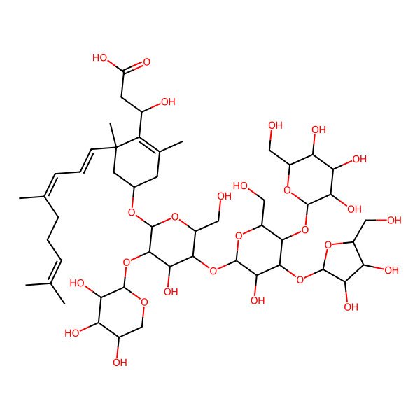 2D Structure of 3-[4-[5-[4-[3,4-Dihydroxy-5-(hydroxymethyl)oxolan-2-yl]oxy-3-hydroxy-6-(hydroxymethyl)-5-[3,4,5-trihydroxy-6-(hydroxymethyl)oxan-2-yl]oxyoxan-2-yl]oxy-4-hydroxy-6-(hydroxymethyl)-3-(3,4,5-trihydroxyoxan-2-yl)oxyoxan-2-yl]oxy-6-(4,8-dimethylnona-1,3,7-trienyl)-2,6-dimethylcyclohexen-1-yl]-3-hydroxypropanoic acid