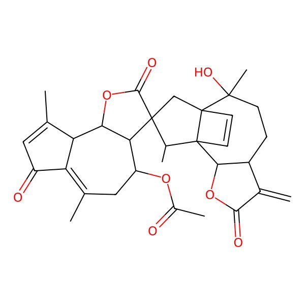 2D Structure of (9-hydroxy-6',9,9',13-tetramethyl-5-methylidene-2',4,7'-trioxospiro[3-oxatetracyclo[8.3.2.01,10.02,6]pentadec-14-ene-12,3'-4,5,9a,9b-tetrahydro-3aH-azuleno[4,5-b]furan]-4'-yl) acetate