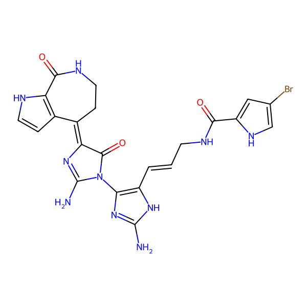 2D Structure of N-[3-[2-amino-4-[2-amino-5-oxo-4-(8-oxo-1,5,6,7-tetrahydropyrrolo[2,3-c]azepin-4-ylidene)imidazol-1-yl]-1H-imidazol-5-yl]prop-2-enyl]-4-bromo-1H-pyrrole-2-carboxamide
