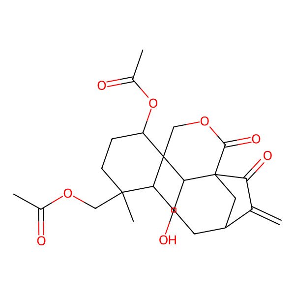 2D Structure of [(1S,1'R,2'R,4'S,5S,6S,9R)-4'-acetyloxy-2'-(hydroxymethyl)-1'-methyl-10-methylidene-2,11-dioxospiro[3-oxatricyclo[7.2.1.01,6]dodecane-5,3'-cyclohexane]-1'-yl]methyl acetate