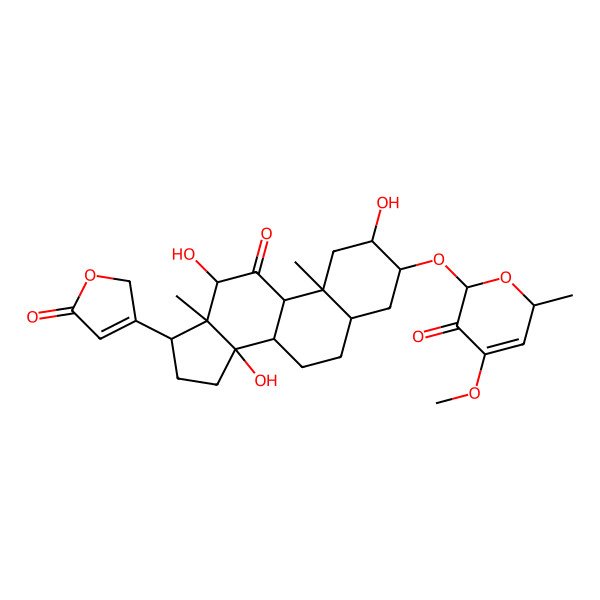 2D Structure of (2R,6S)-4-methoxy-2-methyl-6-[[(2R,3R,5R,8R,9S,10S,12S,13S,14S,17R)-2,12,14-trihydroxy-10,13-dimethyl-11-oxo-17-(5-oxo-2H-furan-3-yl)-2,3,4,5,6,7,8,9,12,15,16,17-dodecahydro-1H-cyclopenta[a]phenanthren-3-yl]oxy]-2H-pyran-5-one