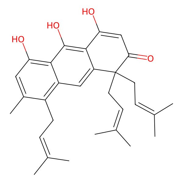 2D Structure of 3,8,9-Trihydroxy-6-methyl-4,4,5-tris(3-methylbut-2-enyl)anthracen-1(4H)-one