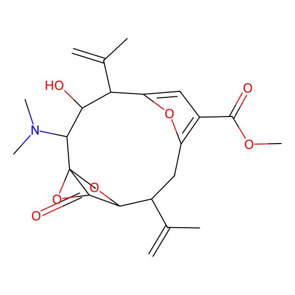 2D Structure of Methyl 2-(dimethylamino)-3-hydroxy-14-oxo-4,10-bis(prop-1-en-2-yl)-13,15,16-trioxatetracyclo[9.2.2.15,8.01,12]hexadeca-5,7-diene-7-carboxylate