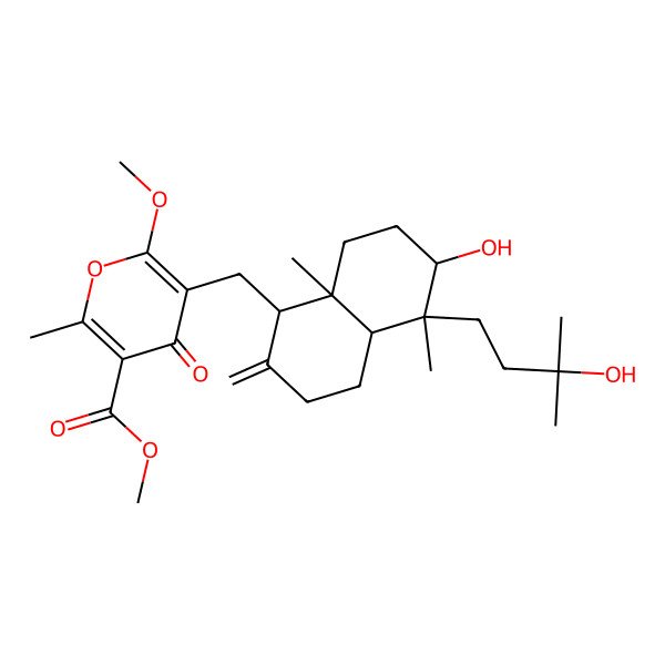 2D Structure of methyl 5-[[(1R,4aR,5R,6S,8aS)-6-hydroxy-5-(3-hydroxy-3-methylbutyl)-5,8a-dimethyl-2-methylidene-3,4,4a,6,7,8-hexahydro-1H-naphthalen-1-yl]methyl]-6-methoxy-2-methyl-4-oxopyran-3-carboxylate