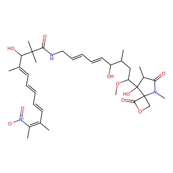 2D Structure of 3-hydroxy-N-[6-hydroxy-9-(8-hydroxy-5,7-dimethyl-3,6-dioxo-2-oxa-5-azaspiro[3.4]octan-8-yl)-9-methoxy-7-methylnona-2,4-dienyl]-2,2,4,10-tetramethyl-11-nitrododeca-4,6,8,10-tetraenamide