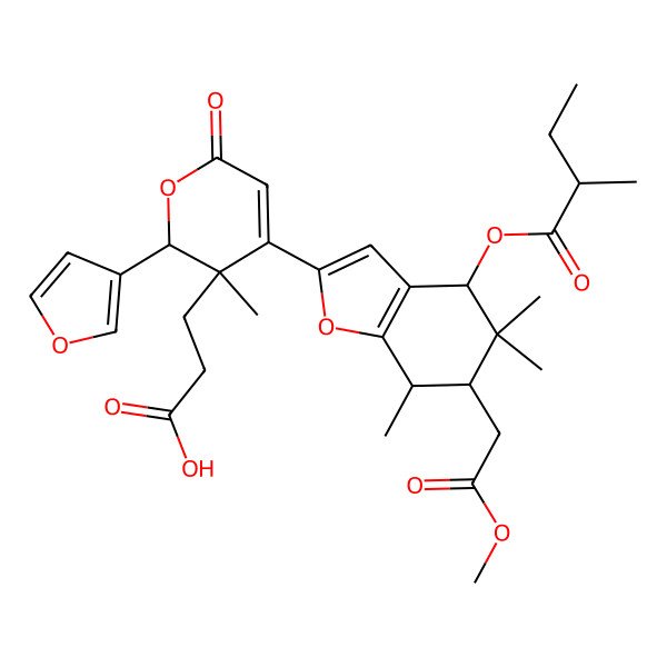 2D Structure of 3-[2-(furan-3-yl)-4-[6-(2-methoxy-2-oxoethyl)-5,5,7-trimethyl-4-(2-methylbutanoyloxy)-6,7-dihydro-4H-1-benzofuran-2-yl]-3-methyl-6-oxo-2H-pyran-3-yl]propanoic acid