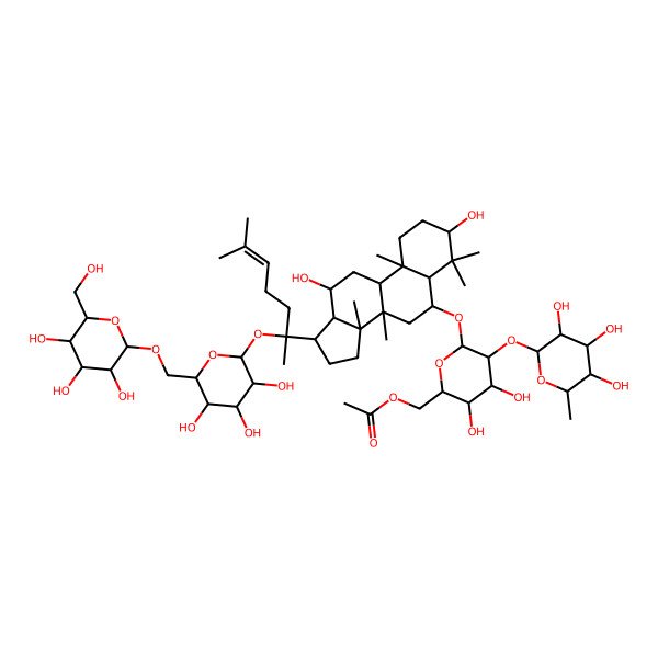 2D Structure of [6-[[3,12-dihydroxy-4,4,8,10,14-pentamethyl-17-[6-methyl-2-[3,4,5-trihydroxy-6-[[3,4,5-trihydroxy-6-(hydroxymethyl)oxan-2-yl]oxymethyl]oxan-2-yl]oxyhept-5-en-2-yl]-2,3,5,6,7,9,11,12,13,15,16,17-dodecahydro-1H-cyclopenta[a]phenanthren-6-yl]oxy]-3,4-dihydroxy-5-(3,4,5-trihydroxy-6-methyloxan-2-yl)oxyoxan-2-yl]methyl acetate
