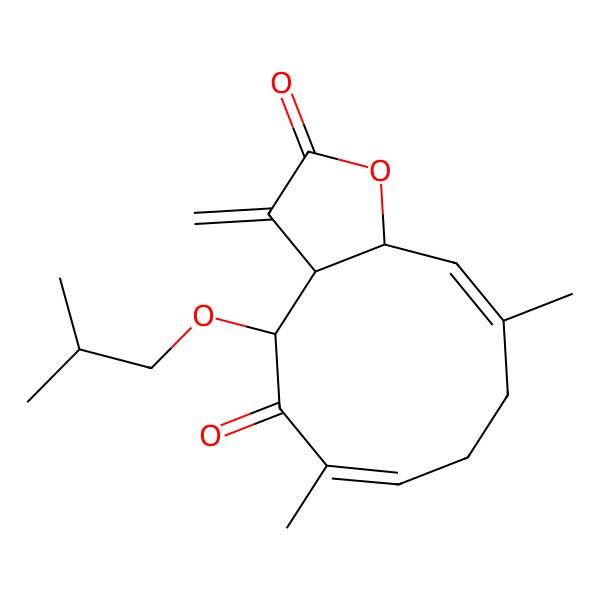 2D Structure of (3aS,4R,6Z,10Z,11aS)-6,10-dimethyl-3-methylidene-4-(2-methylpropoxy)-4,8,9,11a-tetrahydro-3aH-cyclodeca[b]furan-2,5-dione