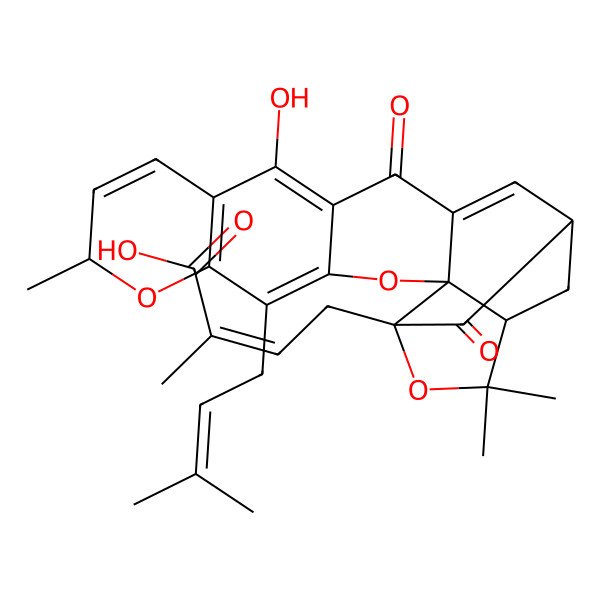 2D Structure of (E)-4-[(1S,2S,8R,17S,19R)-12-hydroxy-8,21,21-trimethyl-5-(3-methylbut-2-enyl)-14,18-dioxo-3,7,20-trioxahexacyclo[15.4.1.02,15.02,19.04,13.06,11]docosa-4(13),5,9,11,15-pentaen-19-yl]-2-methylbut-2-enoic acid