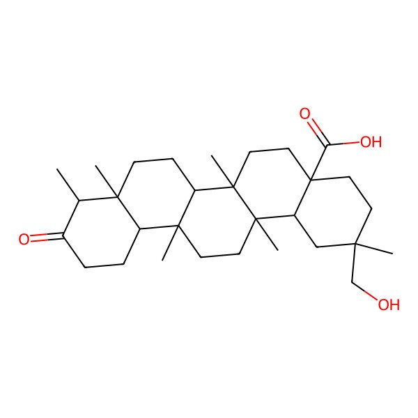 2D Structure of 2-(hydroxymethyl)-2,6a,6a,8a,9,14a-hexamethyl-10-oxo-3,4,5,6,6b,7,8,9,11,12,12a,13,14,14b-tetradecahydro-1H-picene-4a-carboxylic acid