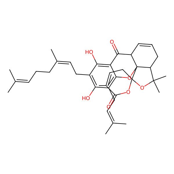 2D Structure of (1R,10R,14R,17S)-6-[(2E)-3,7-dimethylocta-2,6-dienyl]-5,7-dihydroxy-5',15,15-trimethyl-4-(3-methylbut-2-enyl)spiro[2,16-dioxatetracyclo[8.7.0.01,14.03,8]heptadeca-3,5,7,11-tetraene-17,2'-3H-pyran]-6',9-dione