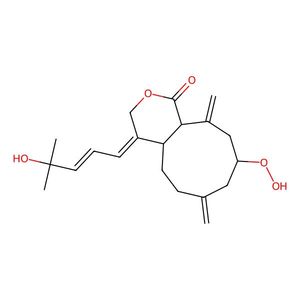 2D Structure of (4E,4aS,9R,11aR)-9-hydroperoxy-4-[(E)-4-hydroxy-4-methylpent-2-enylidene]-7,11-dimethylidene-5,6,8,9,10,11a-hexahydro-4aH-cyclonona[c]pyran-1-one