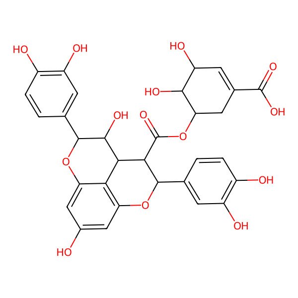 2D Structure of 5-[3,7-Bis(3,4-dihydroxyphenyl)-6,11-dihydroxy-2,8-dioxatricyclo[7.3.1.05,13]trideca-1(13),9,11-triene-4-carbonyl]oxy-3,4-dihydroxycyclohexene-1-carboxylic acid