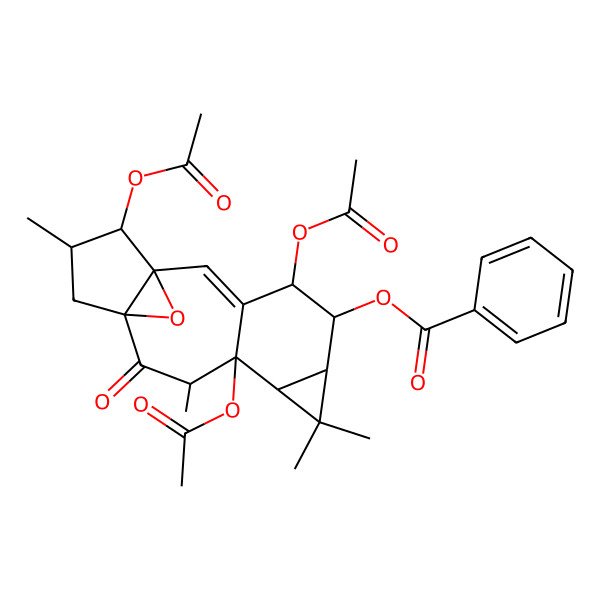 2D Structure of [(1S,4R,5R,9S,10S,12R,15S)-4,9,15-triacetyloxy-7,7,10,14-tetramethyl-11-oxo-16-oxapentacyclo[10.3.1.01,12.03,9.06,8]hexadec-2-en-5-yl] benzoate