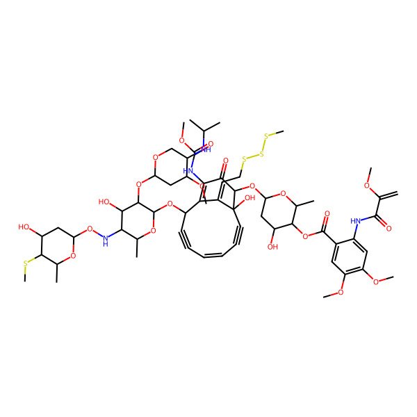 2D Structure of [(2S,3S,4S,6S)-4-hydroxy-6-[[(5Z,13E)-9-hydroxy-2-[(2S,3S,4R,5R,6S)-4-hydroxy-5-[[(2R,4R,5R,6S)-4-hydroxy-6-methyl-5-methylsulfanyloxan-2-yl]oxyamino]-3-[(2S,4S,5S)-4-methoxy-5-(propan-2-ylamino)oxan-2-yl]oxy-6-methyloxan-2-yl]oxy-12-(methoxycarbonylamino)-13-[2-(methyltrisulfanyl)ethylidene]-11-oxo-10-bicyclo[7.3.1]trideca-1(12),5-dien-3,7-diynyl]oxy]-2-methyloxan-3-yl] 4,5-dimethoxy-2-(2-methoxyprop-2-enoylamino)benzoate