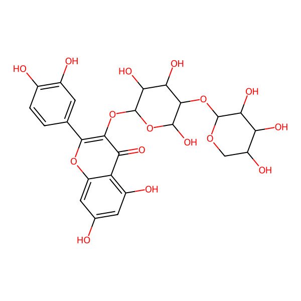 2D Structure of 2-(3,4-dihydroxyphenyl)-5,7-dihydroxy-3-[(2S,3S,4S,5R,6R)-3,4,6-trihydroxy-5-[(2S,3R,4S,5R)-3,4,5-trihydroxyoxan-2-yl]oxyoxan-2-yl]oxychromen-4-one