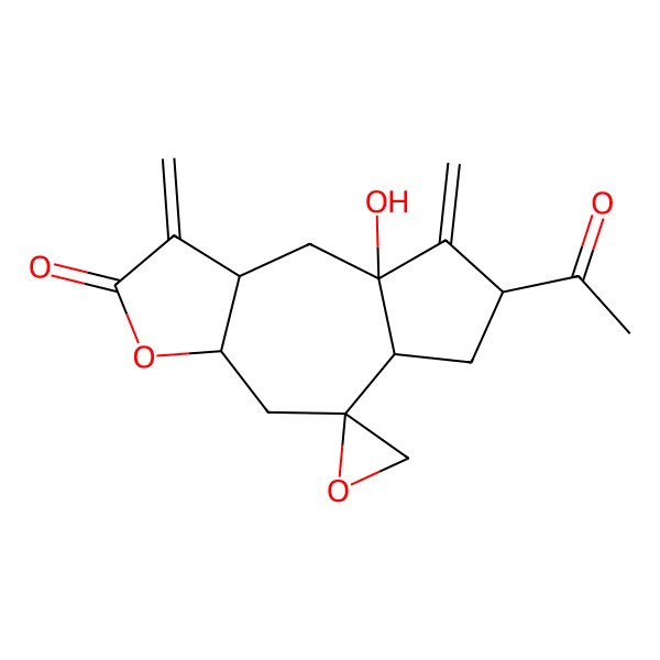2D Structure of (3aS,5aR,7S,8aS,9aR)-7-acetyl-8a-hydroxy-1,8-dimethylidenespiro[4,5a,6,7,9,9a-hexahydro-3aH-azuleno[6,5-b]furan-5,2'-oxirane]-2-one