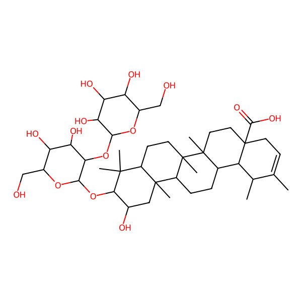 2D Structure of (1S,4aR,6aR,6aR,6bR,8aR,10R,11R,12aR,14aR,14bR)-10-[(2R,3R,4S,5S,6R)-4,5-dihydroxy-6-(hydroxymethyl)-3-[(2S,3R,4S,5S,6R)-3,4,5-trihydroxy-6-(hydroxymethyl)oxan-2-yl]oxyoxan-2-yl]oxy-11-hydroxy-1,2,6a,6b,9,9,12a-heptamethyl-4,5,6,6a,7,8,8a,10,11,12,13,14,14a,14b-tetradecahydro-1H-picene-4a-carboxylic acid