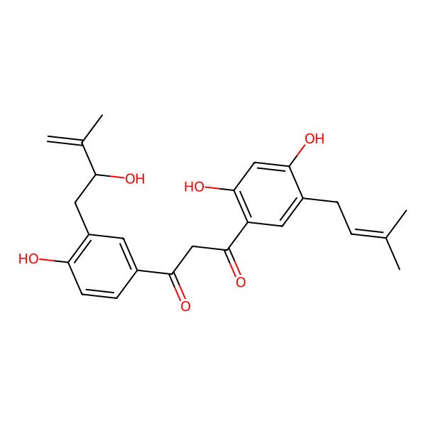 2D Structure of 1-[2,4-Dihydroxy-5-(3-methylbut-2-enyl)phenyl]-3-[4-hydroxy-3-(2-hydroxy-3-methylbut-3-enyl)phenyl]propane-1,3-dione