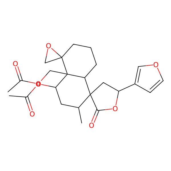 2D Structure of Dispiro(furan-3(2H),1'(5'H)-naphthalene-5',2''-oxiran)-2-one,4'-(acetyloxy)-4'a-((acetyloxy)methyl)-5-(3-furanyl)decahydro-2'-methyl-, (1'R-(1'alpha(S*),2'alpha,4'beta,4'aalpha,5'alpha,8'abeta))-