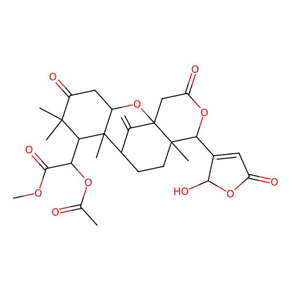 2D Structure of methyl 2-acetyloxy-2-[13-(2-hydroxy-5-oxo-2H-furan-3-yl)-6,6,8,12-tetramethyl-17-methylidene-5,15-dioxo-2,14-dioxatetracyclo[7.7.1.01,12.03,8]heptadecan-7-yl]acetate