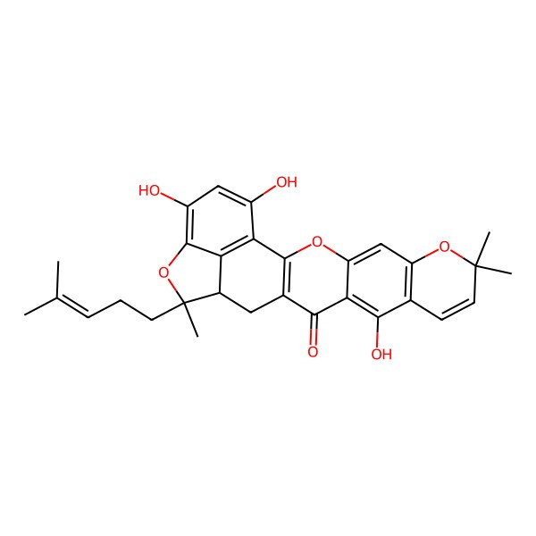 2D Structure of (17S,18S)-12,21,23-trihydroxy-8,8,18-trimethyl-18-(4-methylpent-3-enyl)-3,7,19-trioxahexacyclo[15.6.1.02,15.04,13.06,11.020,24]tetracosa-1(24),2(15),4,6(11),9,12,20,22-octaen-14-one