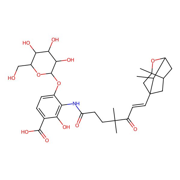 2D Structure of 3-[[(Z)-7-[(1S,3S,5S,7R)-3,9-dimethyl-2-oxatricyclo[3.3.1.03,7]nonan-5-yl]-4,4-dimethyl-5-oxohept-6-enoyl]amino]-2-hydroxy-4-[3,4,5-trihydroxy-6-(hydroxymethyl)oxan-2-yl]oxybenzoic acid