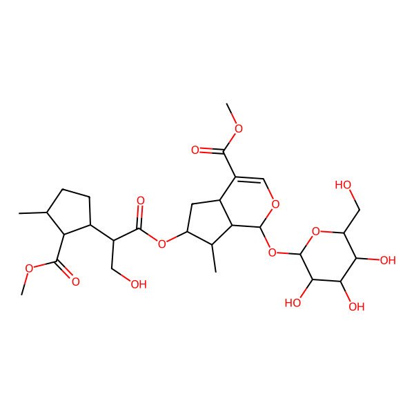2D Structure of methyl (1S,4aS,6S,7R,7aS)-6-[(2R)-3-hydroxy-2-[(1S,2R,3S)-2-methoxycarbonyl-3-methylcyclopentyl]propanoyl]oxy-7-methyl-1-[(2S,3R,4S,5S,6R)-3,4,5-trihydroxy-6-(hydroxymethyl)oxan-2-yl]oxy-1,4a,5,6,7,7a-hexahydrocyclopenta[c]pyran-4-carboxylate