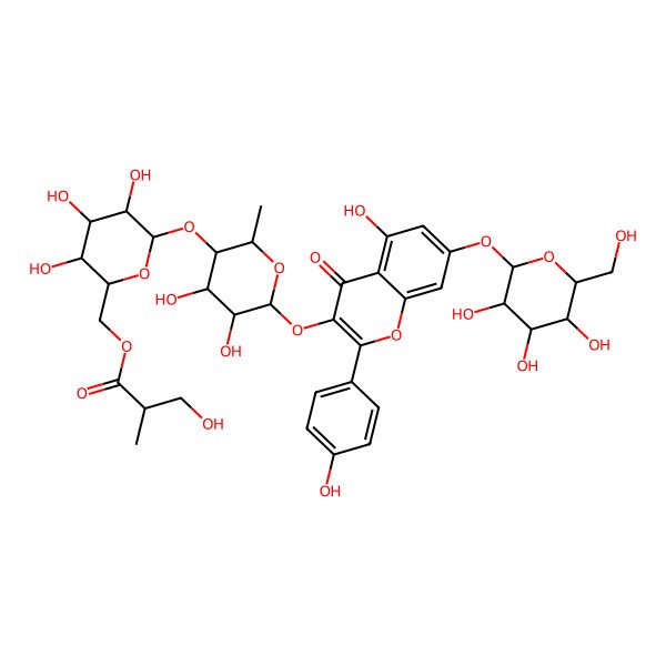 2D Structure of [(2R,3S,4S,5R,6S)-6-[(2S,3R,4S,5R,6S)-4,5-dihydroxy-6-[5-hydroxy-2-(4-hydroxyphenyl)-4-oxo-7-[(2S,3R,4S,5S,6R)-3,4,5-trihydroxy-6-(hydroxymethyl)oxan-2-yl]oxychromen-3-yl]oxy-2-methyloxan-3-yl]oxy-3,4,5-trihydroxyoxan-2-yl]methyl (2S)-3-hydroxy-2-methylpropanoate