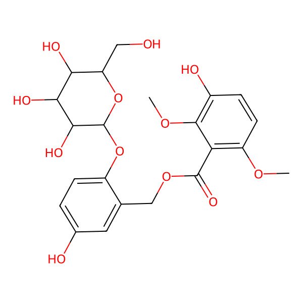 2D Structure of 5-Hydroxy-2-(((2S,3R,4S,5S,6R)-3,4,5-trihydroxy-6-(hydroxymethyl)tetrahydro-2H-pyran-2-yl)oxy)benzyl 3-hydroxy-2,6-dimethoxybenzoate