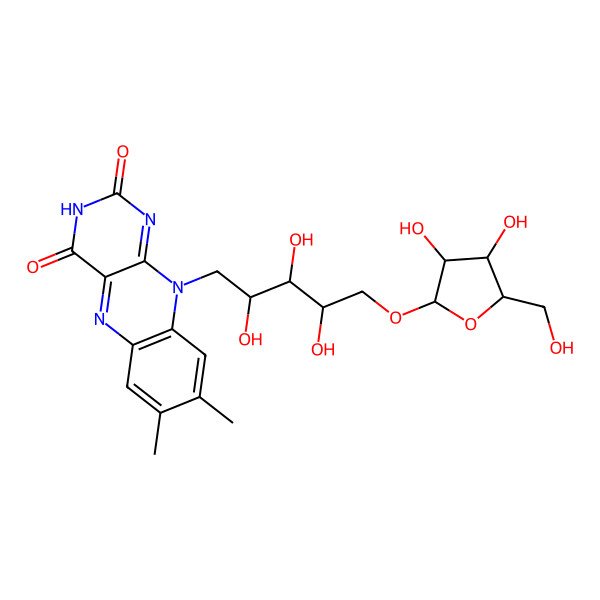 2D Structure of 10-[(2S,3S,4R)-5-[(2S,3S,4S,5R)-3,4-dihydroxy-5-(hydroxymethyl)oxolan-2-yl]oxy-2,3,4-trihydroxypentyl]-7,8-dimethylbenzo[g]pteridine-2,4-dione