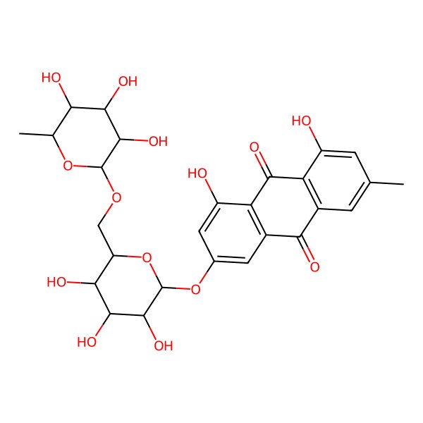 2D Structure of 1,8-Dihydroxy-3-methyl-6-[3,4,5-trihydroxy-6-[(3,4,5-trihydroxy-6-methyloxan-2-yl)oxymethyl]oxan-2-yl]oxyanthracene-9,10-dione