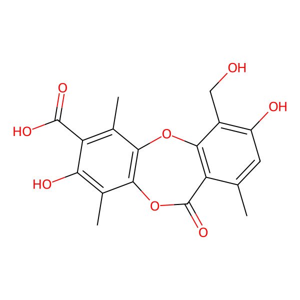 2D Structure of 3,9-Dihydroxy-10-(hydroxymethyl)-1,4,7-trimethyl-6-oxobenzo[b][1,4]benzodioxepine-2-carboxylic acid