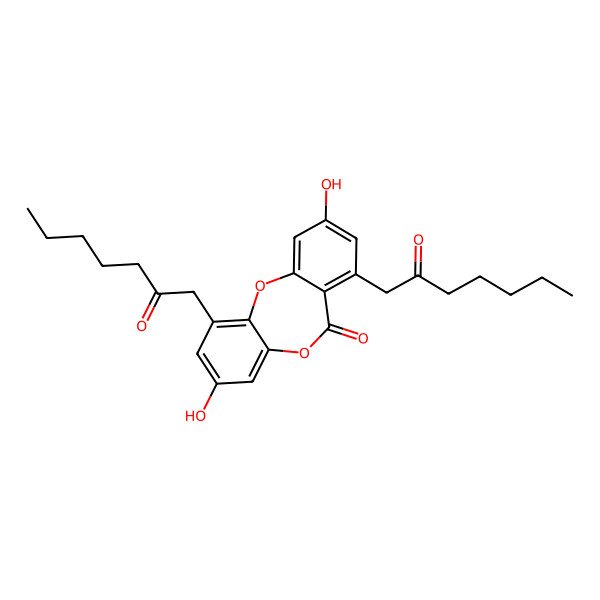 2D Structure of 3,9-Dihydroxy-1,7-bis(2-oxoheptyl)benzo[b][1,4]benzodioxepin-6-one