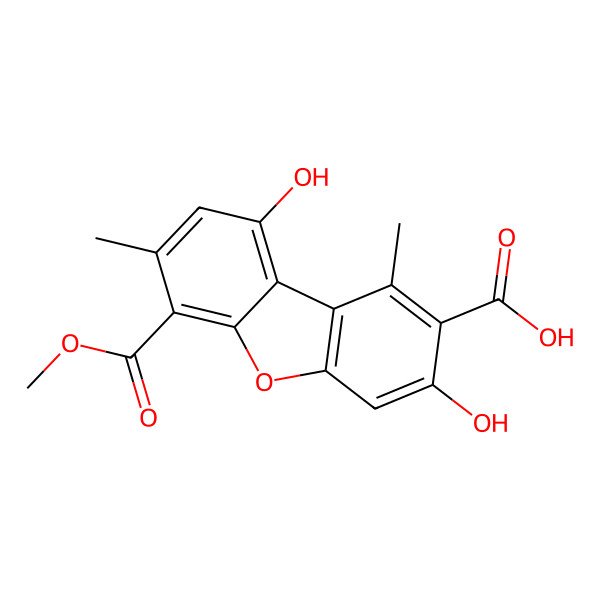 2D Structure of 3,9-Dihydroxy-6-methoxycarbonyl-1,7-dimethyldibenzofuran-2-carboxylic acid