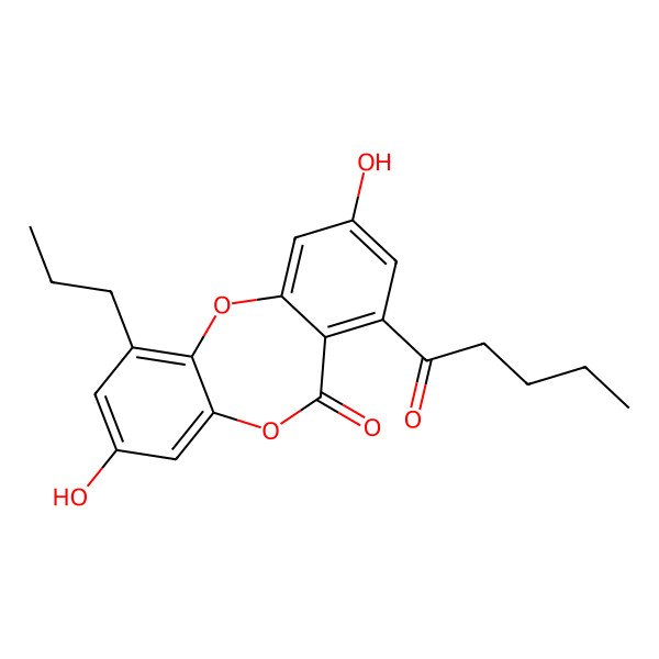 2D Structure of 3,9-Dihydroxy-7-pentanoyl-1-propylbenzo[b][1,4]benzodioxepin-6-one