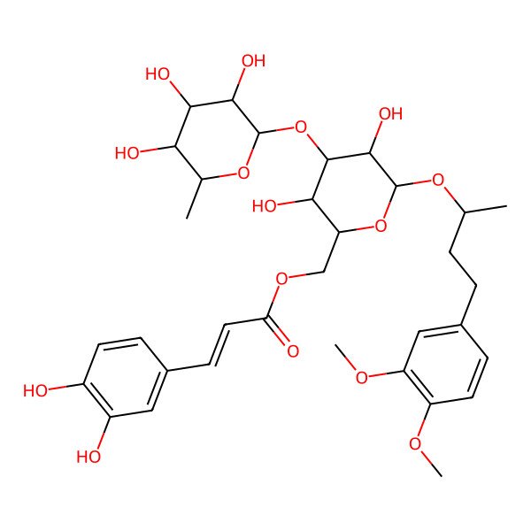 2D Structure of [(2R,3R,4S,5R,6R)-6-[(2S)-4-(3,4-dimethoxyphenyl)butan-2-yl]oxy-3,5-dihydroxy-4-[(2S,3R,4R,5R,6S)-3,4,5-trihydroxy-6-methyloxan-2-yl]oxyoxan-2-yl]methyl (E)-3-(3,4-dihydroxyphenyl)prop-2-enoate