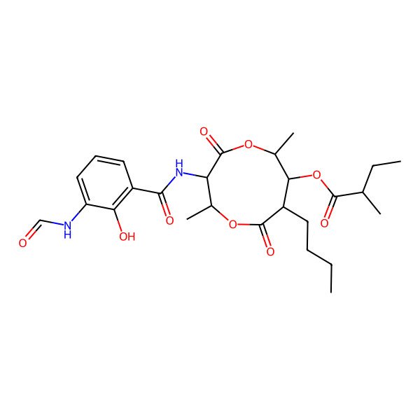 2D Structure of [8-Butyl-3-[(3-formamido-2-hydroxybenzoyl)amino]-2,6-dimethyl-4,9-dioxo-1,5-dioxonan-7-yl] 2-methylbutanoate