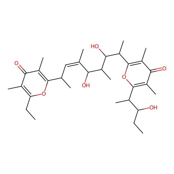 2D Structure of 2-[5,7-Dihydroxy-8-[6-(3-hydroxypentan-2-yl)-3,5-dimethyl-4-oxopyran-2-yl]-4,6-dimethylnon-3-en-2-yl]-6-ethyl-3,5-dimethylpyran-4-one