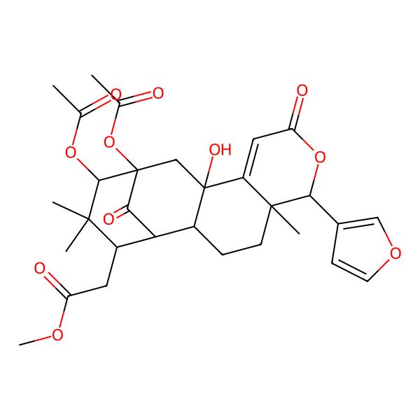 2D Structure of Methyl 2-[13,14-diacetyloxy-6-(furan-3-yl)-11-hydroxy-5,15,15-trimethyl-8,17-dioxo-7-oxatetracyclo[11.3.1.02,11.05,10]heptadec-9-en-16-yl]acetate