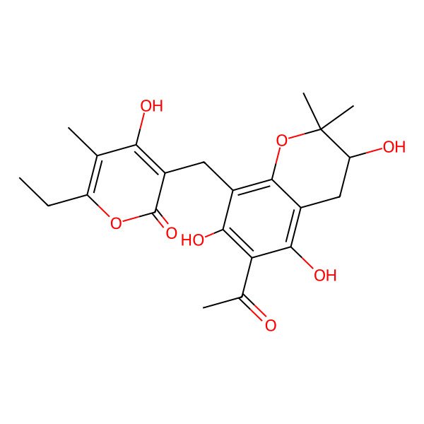 2D Structure of 3-[[(3R)-6-acetyl-3,5,7-trihydroxy-2,2-dimethyl-3,4-dihydrochromen-8-yl]methyl]-6-ethyl-4-hydroxy-5-methylpyran-2-one