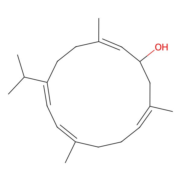 2D Structure of 3,9,13-Trimethyl-6-propan-2-ylcyclotetradeca-2,6,8,12-tetraen-1-ol