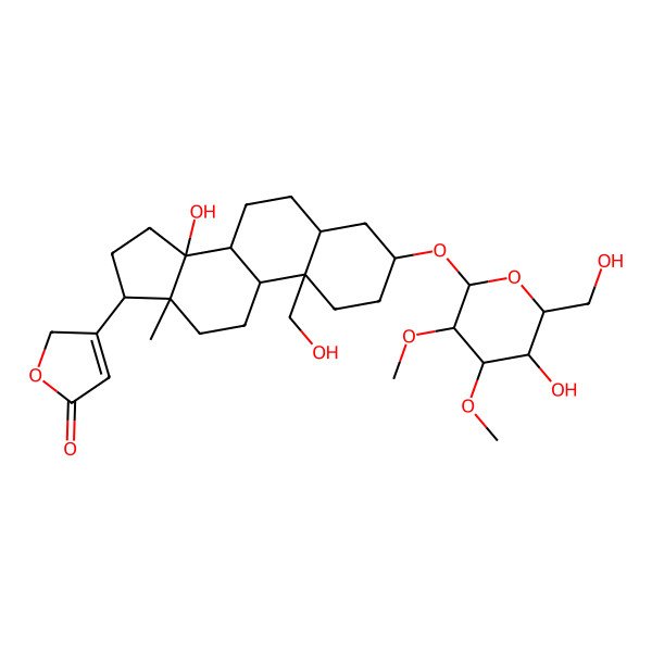 2D Structure of 3-[(3S,5R,8R,9S,10R,13R,14S,17S)-14-hydroxy-3-[(2R,3R,4S,5R,6R)-5-hydroxy-6-(hydroxymethyl)-3,4-dimethoxyoxan-2-yl]oxy-10-(hydroxymethyl)-13-methyl-1,2,3,4,5,6,7,8,9,11,12,15,16,17-tetradecahydrocyclopenta[a]phenanthren-17-yl]-2H-furan-5-one
