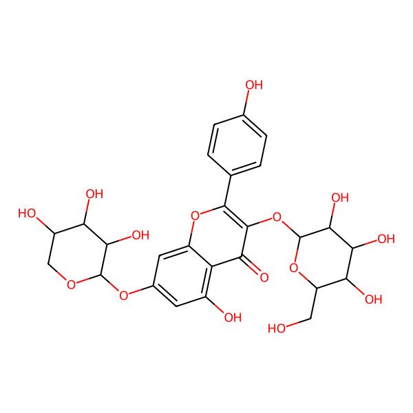 2D Structure of 5-hydroxy-2-(4-hydroxyphenyl)-3-[(2S,3R,4S,5R,6R)-3,4,5-trihydroxy-6-(hydroxymethyl)oxan-2-yl]oxy-7-[(2S,3R,4S,5S)-3,4,5-trihydroxyoxan-2-yl]oxychromen-4-one