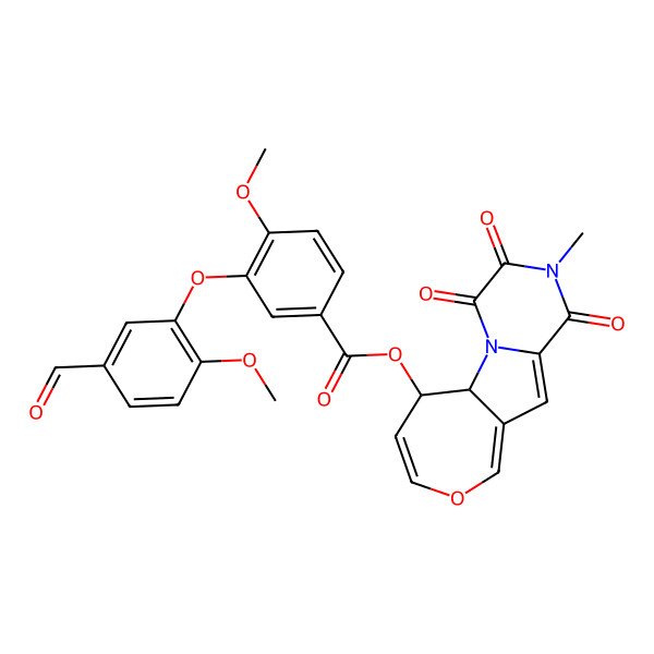 2D Structure of (5-Methyl-3,4,6-trioxo-11-oxa-2,5-diazatricyclo[7.5.0.02,7]tetradeca-7,9,12-trien-14-yl) 3-(5-formyl-2-methoxyphenoxy)-4-methoxybenzoate