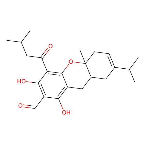 2D Structure of 1,3-Dihydroxy-10a-methyl-4-(3-methylbutanoyl)-7-propan-2-yl-5,8,8a,9-tetrahydroxanthene-2-carbaldehyde