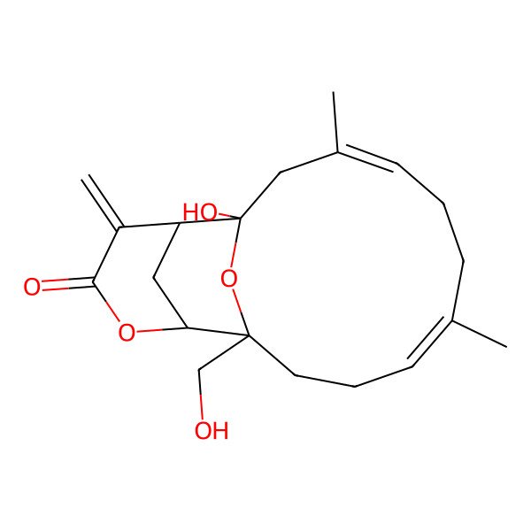 2D Structure of (1S,3E,7Z,11S,12R,16R)-1-hydroxy-11-(hydroxymethyl)-3,7-dimethyl-15-methylidene-13,17-dioxatricyclo[9.5.1.112,16]octadeca-3,7-dien-14-one