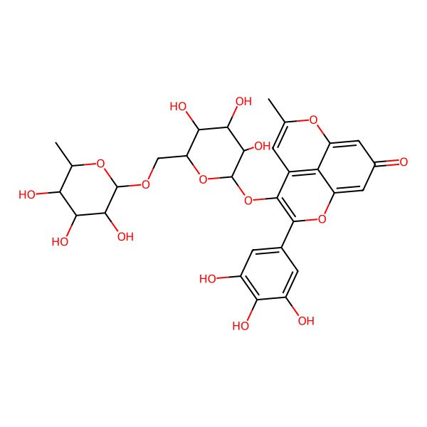 2D Structure of 7-Methyl-3-(3,4,5-trihydroxyphenyl)-4-[3,4,5-trihydroxy-6-[(3,4,5-trihydroxy-6-methyloxan-2-yl)oxymethyl]oxan-2-yl]oxy-2,8-dioxatricyclo[7.3.1.05,13]trideca-1(12),3,5(13),6,9-pentaen-11-one