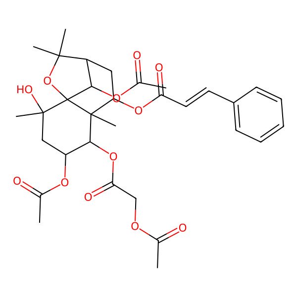 2D Structure of [(1S,2S,4S,5R,6R,7S,9R,12R)-4,12-diacetyloxy-5-(2-acetyloxyacetyl)oxy-2-hydroxy-2,6,10,10-tetramethyl-11-oxatricyclo[7.2.1.01,6]dodecan-7-yl] (E)-3-phenylprop-2-enoate