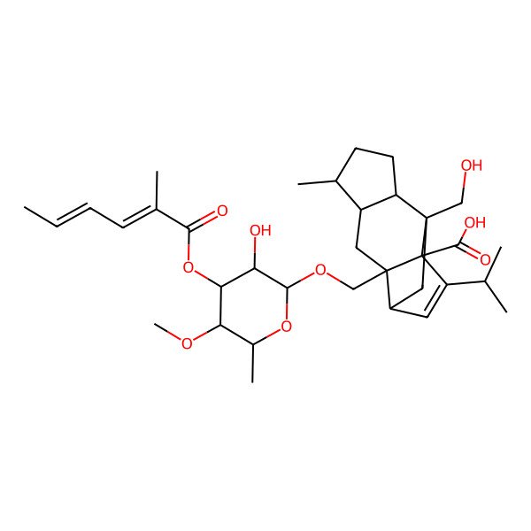 2D Structure of (1S,2S,4R,5R,8R,9S,11S)-2-[[(2R,3S,4S,5R,6R)-3-hydroxy-5-methoxy-6-methyl-4-[(2Z,4E)-2-methylhexa-2,4-dienoyl]oxyoxan-2-yl]oxymethyl]-9-(hydroxymethyl)-5-methyl-13-propan-2-yltetracyclo[7.4.0.02,11.04,8]tridec-12-ene-1-carboxylic acid